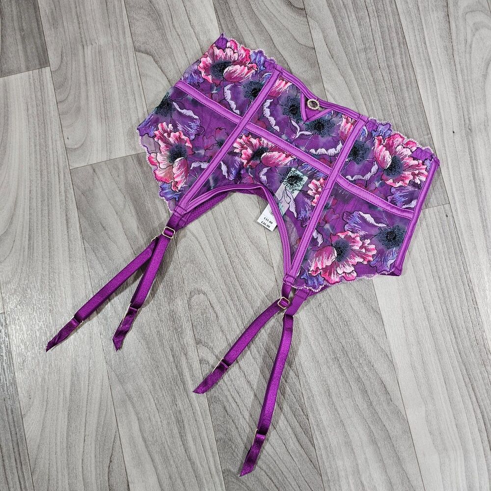 Ann Summers Wildflower Purple Floral Embroidered Suspender Garter Belt Size S